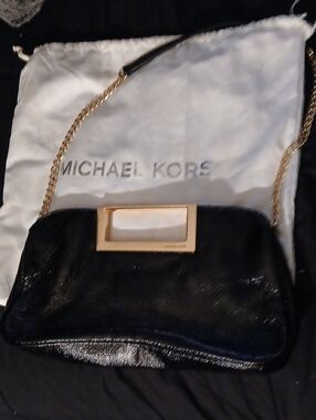 Michael Kors Black Leather Crossbody with Gold Rectangular Handle
